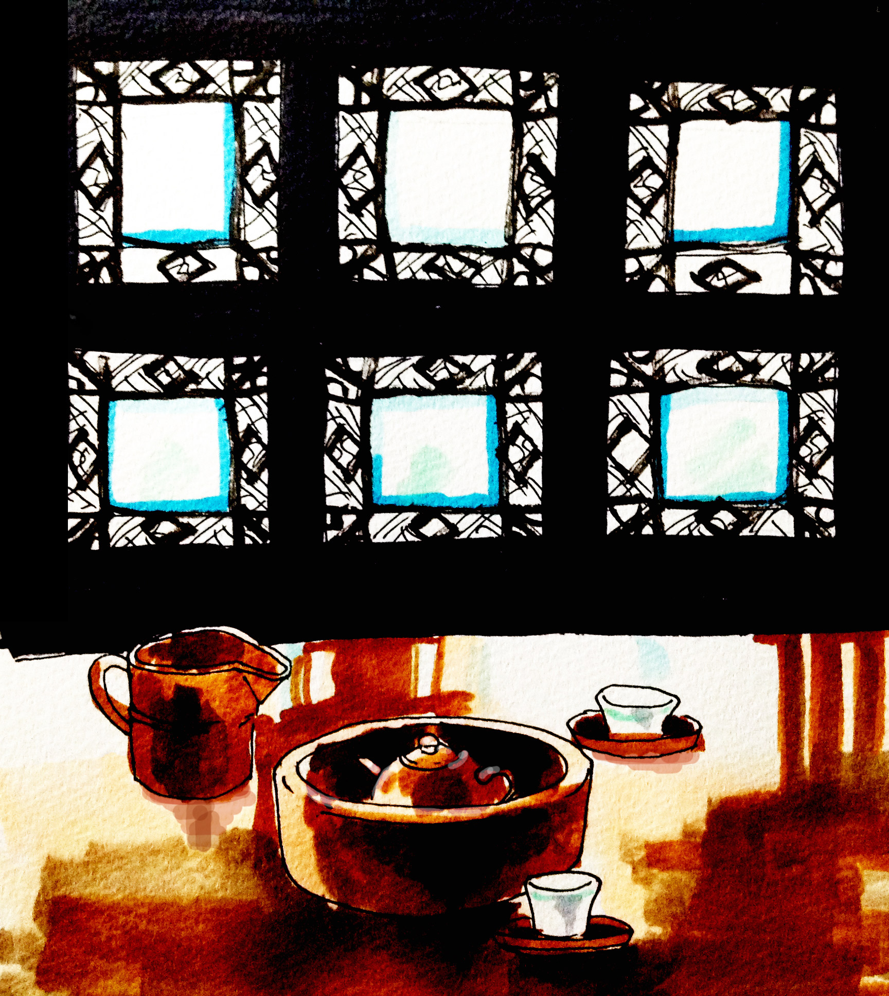 茶館で中国茶を飲む風景をコピックマーカーを使って描いたイラスト