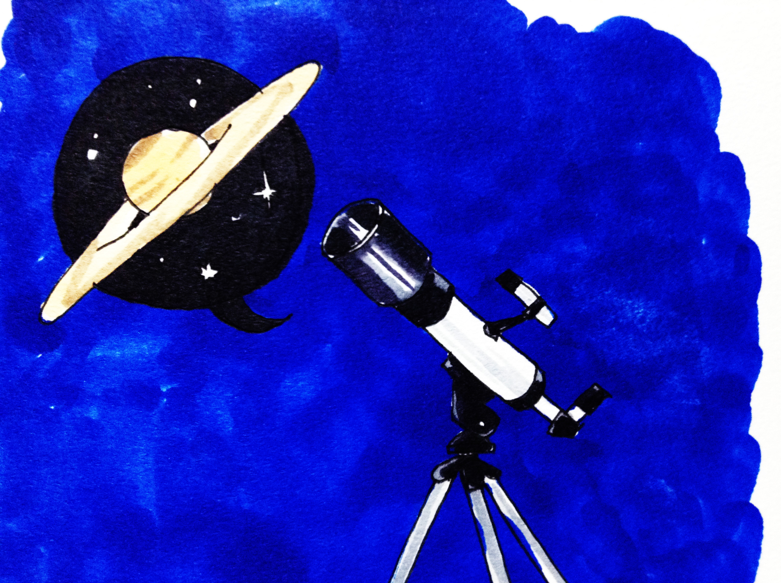 天文台の望遠鏡で土星を観測した思い出のイメージをコピックマーカーで描いたイラスト