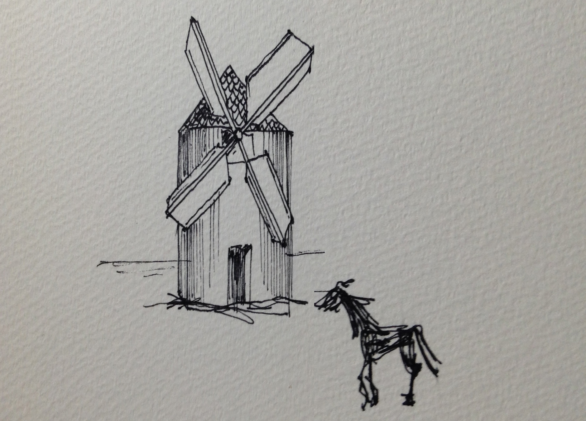 ドン・キホーテの印象深い風車と馬のイラスト