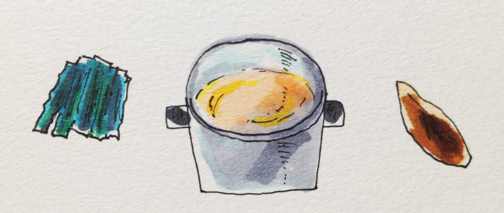 料理に必要な鍋と、カツオと昆布のだしのイメージをコピックに描いたイラスト