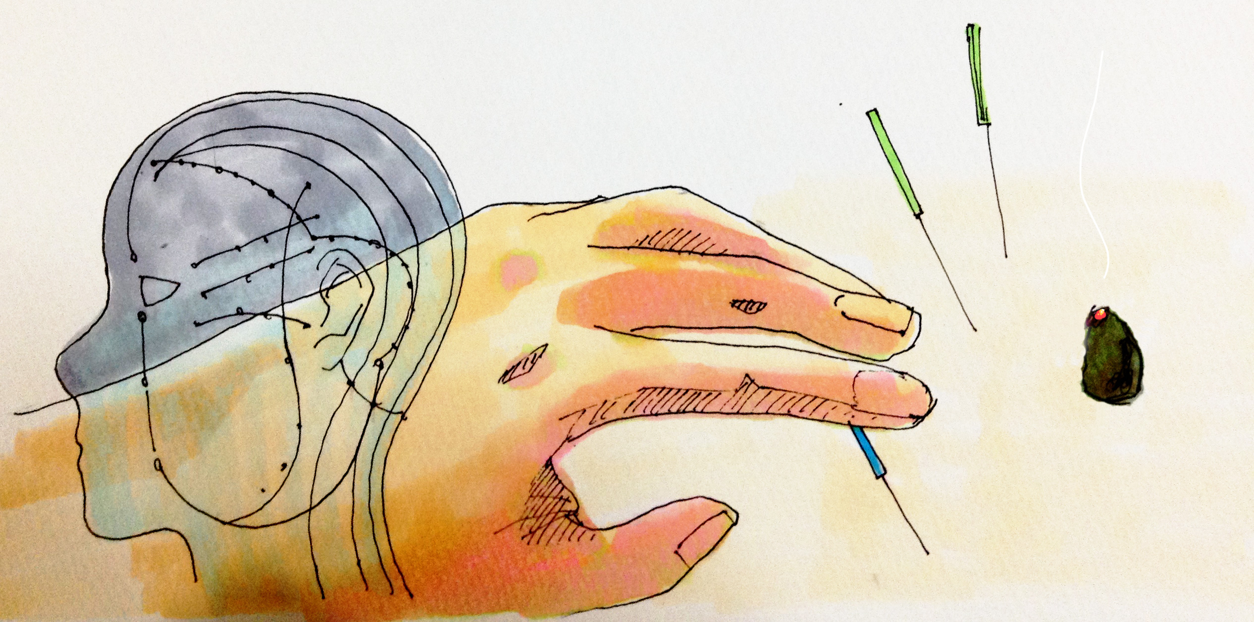 経絡図のイメージと鍼と灸治療のイメージをコピックで描いたイラスト