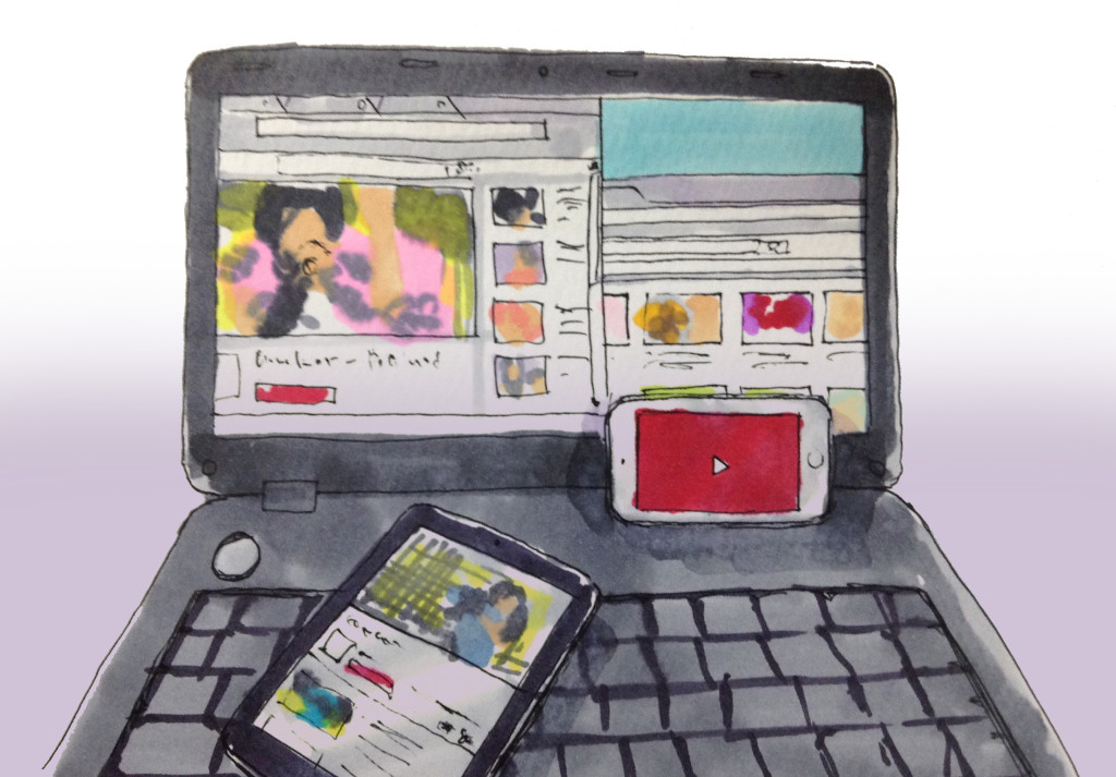 パソコンやスマホタブレットのブルーライトでYouTubeを見すぎているイメージをコピックで描いたイラスト