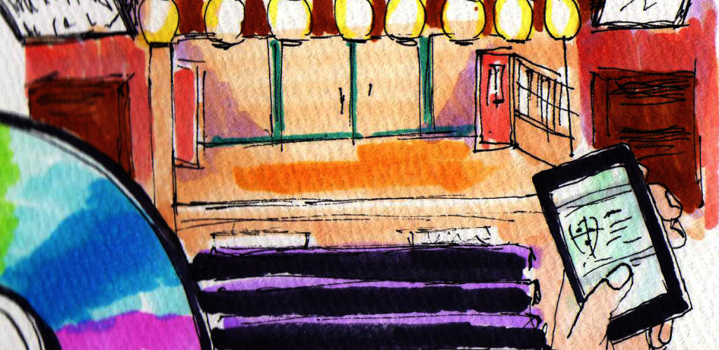 新宿末広亭の内装のイメージをコピックで描いたイラスト