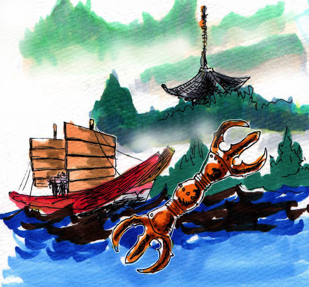三鈷と遣唐使船と金剛峯寺のイメージをコピックで描いたイラスト