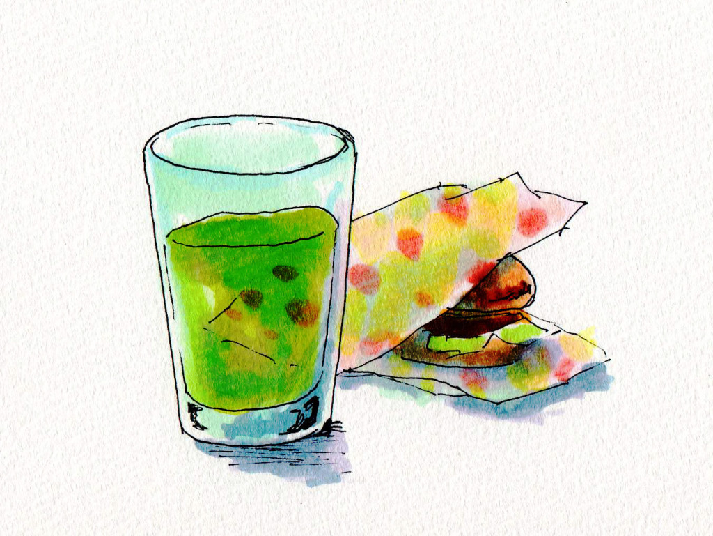 シルク・べっぴん塾で推奨されている野菜ジュースと、たまには食べたいジャンクフードのイメージをコピックで描いたイラスト