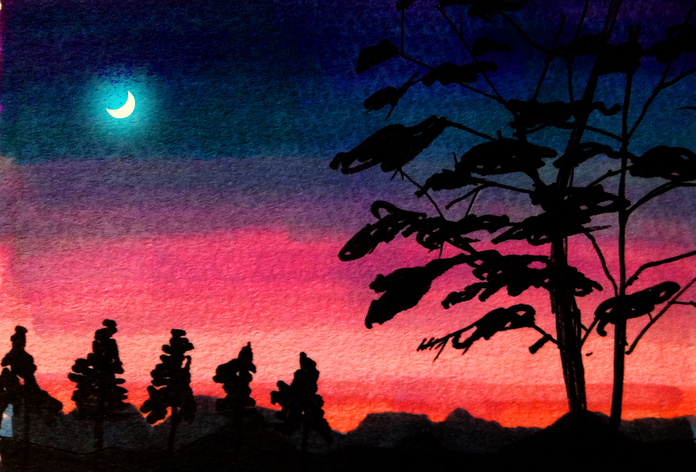 木々のシルエットの間に月の浮かぶ夕焼けまたは朝焼けのコピックマーカーを使って描いたイラスト