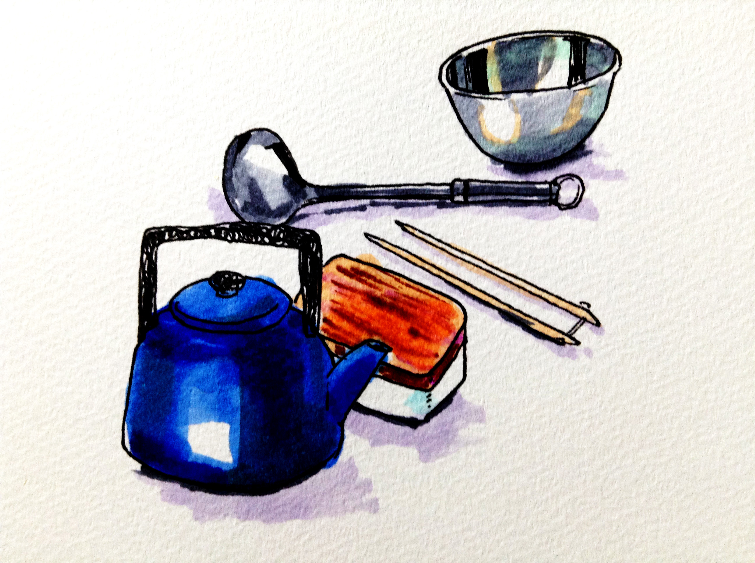 憧れのキッチンに置きたい琺瑯のやかんやアルミのボウルなどのキッチン用品をコピックマーカーで描いたイラスト