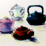 日本茶やハーブティーを淹れるさまざまな急須のイメージをコピックマーカーで描いたイラスト