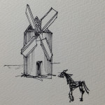 ドン・キホーテの印象深い風車と馬のイラスト