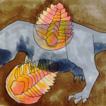 ジュラシックパークに登場する恐竜(ティラノサウルス)と古生代の生物(三葉虫)の化石のイメージをコピックで描いたイラスト