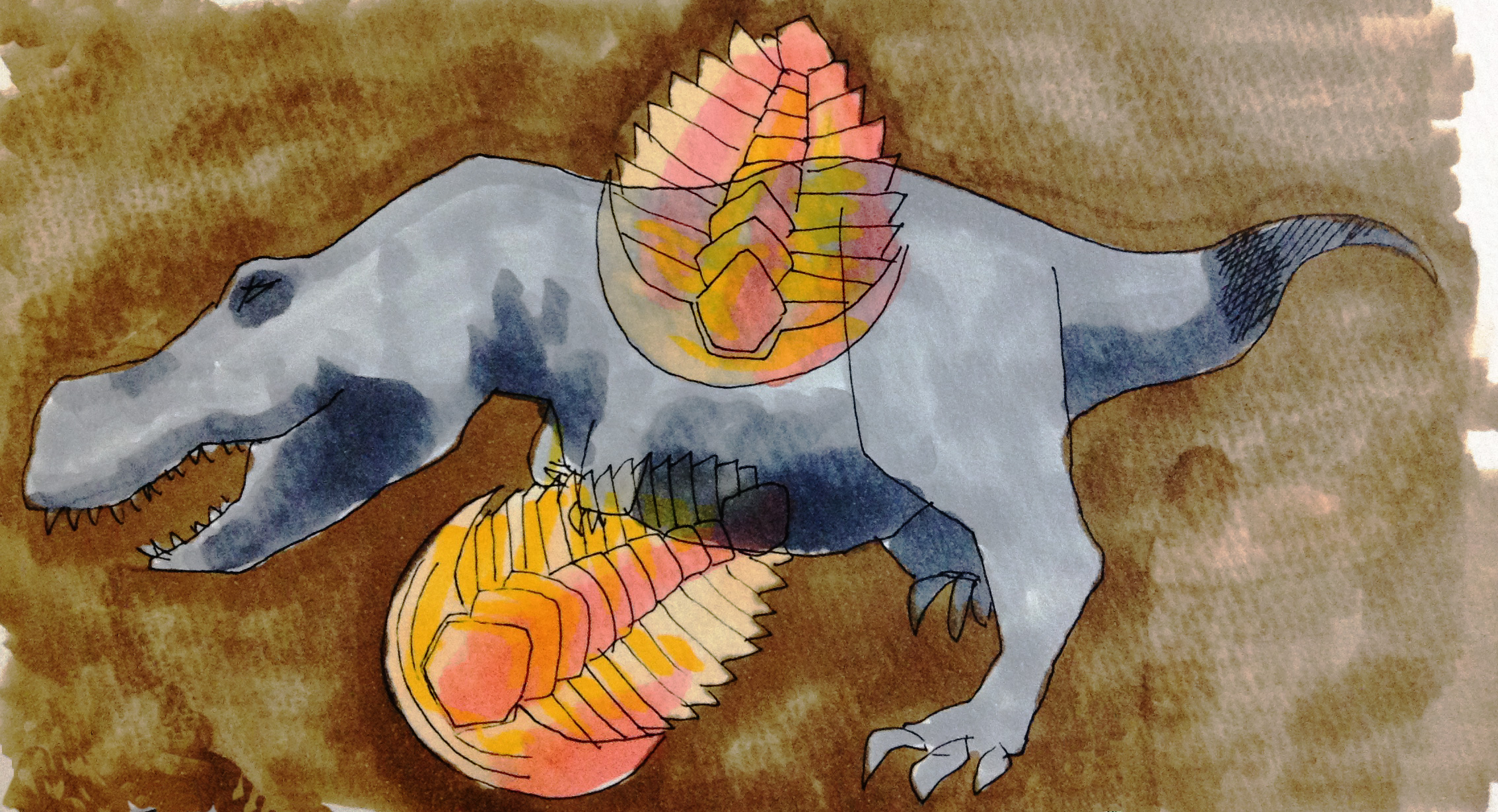 ジュラシックパークに登場する恐竜(ティラノサウルス)と古生代の生物(三葉虫)の化石のイメージをコピックで描いたイラスト