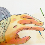 経絡図のイメージと鍼と灸治療のイメージをコピックで描いたイラスト