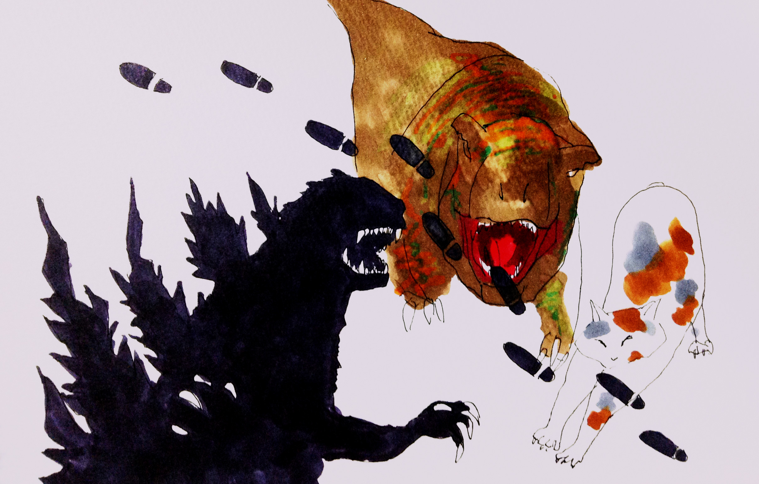 ゴジラ立ち、ティラノサウルス、ネコののびの姿をコピックで描いたイラスト
