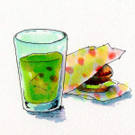 シルク・べっぴん塾で推奨されている野菜ジュースと、たまには食べたいジャンクフードのイメージをコピックで描いたイラスト